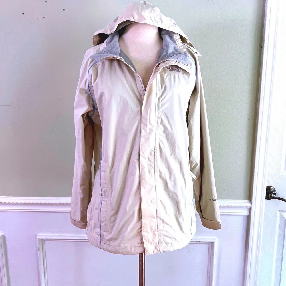 The North Face HyVent Rain Jacket XL Girls Hooded Full Zip Cream Windbreaker